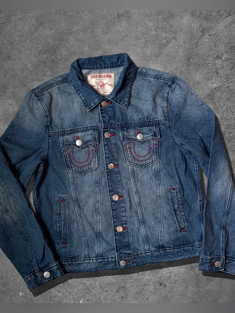 True Religion Dark Blue Denim Jacket with Red Stitching NWT